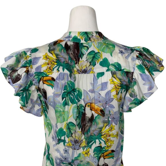 Lavender Brown Blouse Top XS Multicolor Toucan Design Ruffle Cap Sleeve V-Neck - Picture 8 of 12